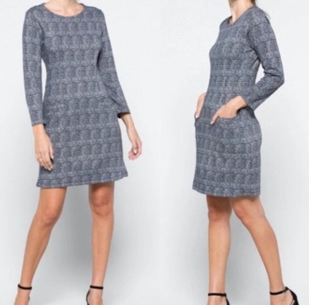 41 Hawthorn Size Small Aniya Jacquard Knit Dress Long Sleeve Pockets Navy